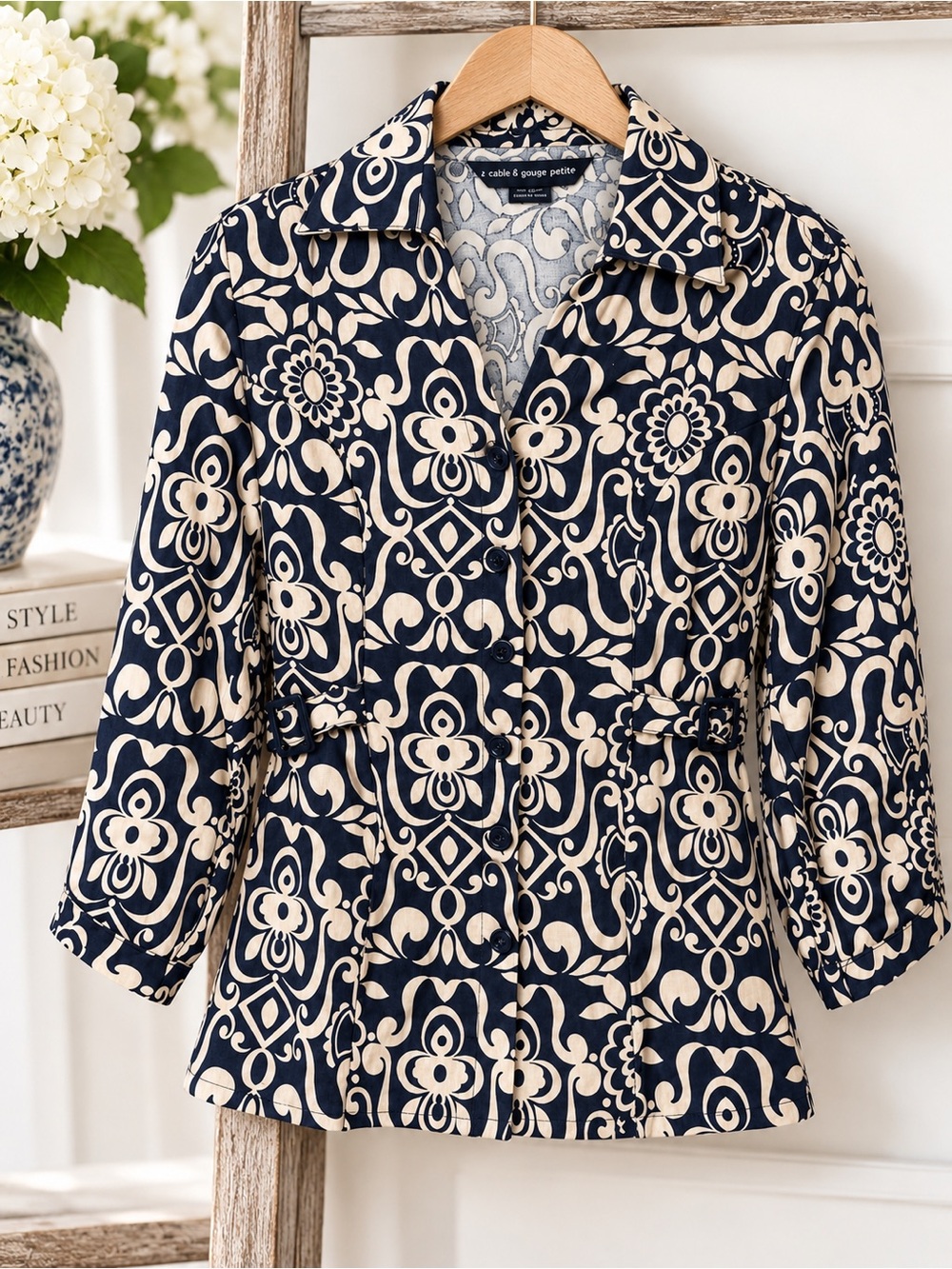 Navy Beige Damask Print 100% Linen Blouse Size S